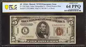 1934 A $5 FEDERAL RESERVE NOTE FR.2302 HAWAII EMERGENCY ISSUE PCGS 64 PPQ (889A) - Picture 1 of 2