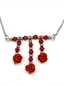 Red Cinnabar Carved Stone Roses Bar Pendant 20" Necklace Stainless Steel - Picture 1 of 8