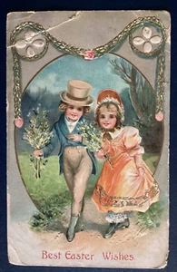 Postcard Easter Wishes Colonial Boy and Girl Embossed POOR condition C116 - Picture 1 of 2