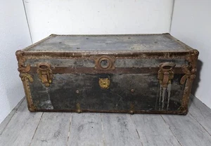 Antique American Metal Studded Flat Top Steamer Trunk with Tray - San Francisco - Picture 1 of 12