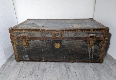 Antique American Metal Studded Flat Top Steamer Trunk with Tray - San Francisco Cover