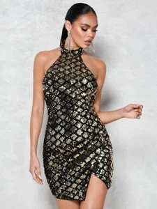 Neckholder-Kleid Damen schwarz und gold Bae geteilter Saum Pailletten - Bild 1 von 4