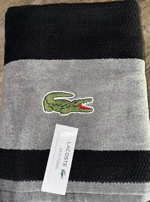 Lacoste ~ Toalla de baño 100 % algodón 30" x 52" negro gris logotipo de cocodrilo grande (A) Foto 1 de 4