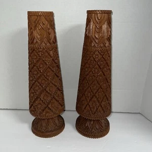 VTG Wooden Pair of Hand Carved & Crafted Pillar 14 3/4" Tall Vase Philippines - Picture 1 of 10