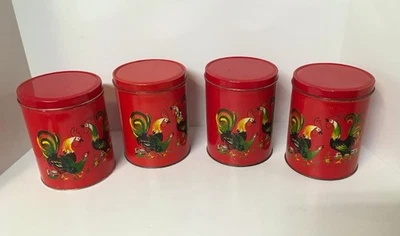 Vintage Luzianne Coffee Red Tin Can with Lid 1950s Roosters Chicken Set of 4 - Image 1 of 4
