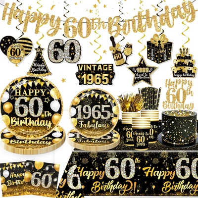 170 peças conjunto de utensílios de mesa masculinos decorações de aniversário de 60 anos, ouro preto aniversário de 60 anos - Imagem 1 de 4