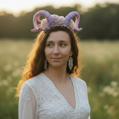Ram Horns Floral Headband Purple Pink Glitter Witchy - Image 1 of 4