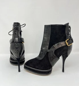 Christian Dior Galliano Vintage 90s Y2K Black Suede Leather Ankle Boots 37.5 7 - Picture 1 of 13