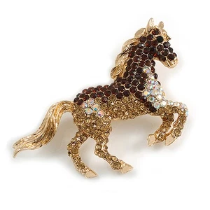 Brown/Citrine/ AB Pave Set Crystal Horse Brooch in Gold Tone - 65mm Across - Picture 1 of 6