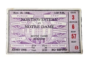 1939 NOTRE DAME FOOTBALL VS NORTHWESTERN FOOTBALL BIGLIETTO STUB - Foto 1 di 3