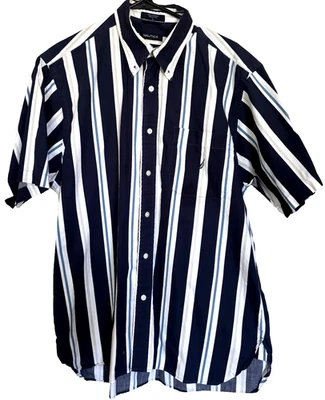 Camisa de Vestir Nautica Manga Corta Algodón Azul Tostado y Blanco Rayas Talla L Foto 1 de 4