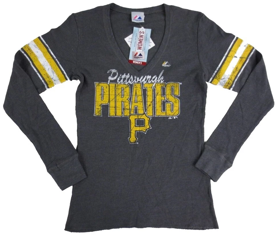 Pittsburgh Pirates MLB Majestic Women's Gray V-Neck Thermal Shirt - Image 1 of 1
