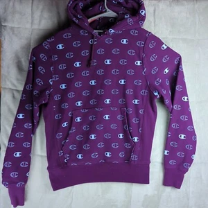 Champion Sweatshirt Mens Small Hoodie Reverse Weave All Over Print Purple - Picture 1 of 11