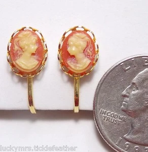 Vintage Clip Earrings Coral Peach & Cream Molded Cameo Lady Opposite Facing - Picture 1 of 2