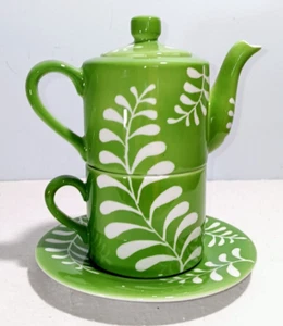 Ceramic "Tea for One" Stacking Teapot Cup & Saucer Botanical Design - Picture 1 of 9