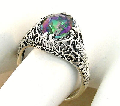 DECO ANTIQUE STYLE 1.70 CT RAINBOW MYSTIC QUARTZ 925 STERLING SILVER RING   776Z - Image 1 of 4