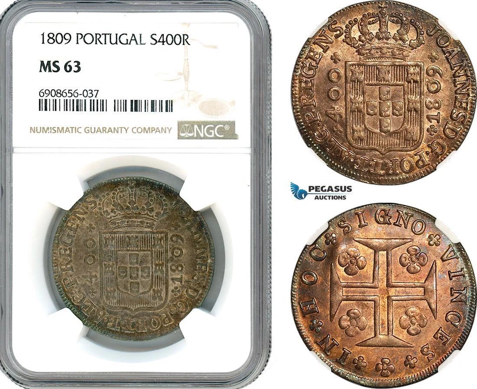 AK218, Portugal, Joao, 400 Reis 1809, Lisbon Mint, Silver, NGC MS63 - Image 1 of 1