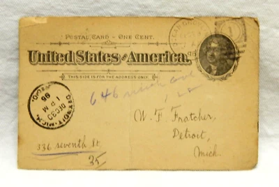 UX12 THOMAS JEFFERSON POSTAL CARD ONE CENT POSTMARKED 1896 - Image 1 of 2