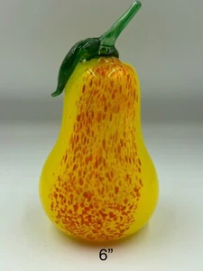 Hand Blown Yellow And Orange Speckle Art Glass Pear with Green Stems and Leaves - Picture 1 of 6