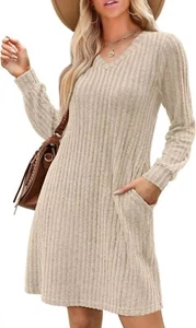 Womens Fall Dress Long Sleeve V-Neck Ribbed Sweater Above Knee Size Small NEW - Picture 1 of 5