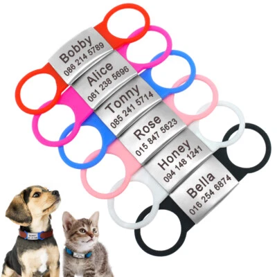 Engraved Steel & Silcone Slide On Dog & Cat Tag Silent Slider Identification ID - Image 1 of 4