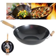 Wok Padella Alta diametro 31 cm acciaio brunito antiaderente doppi manici legno
