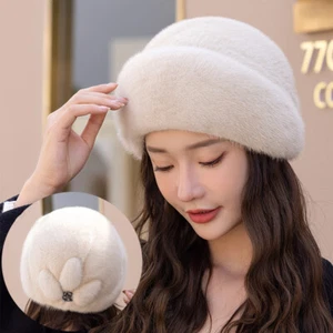 Women's Real Whole Full Mink Fur Hat Bowler Hat Warm Top Hat Beret Outdoor Cap - Picture 1 of 24