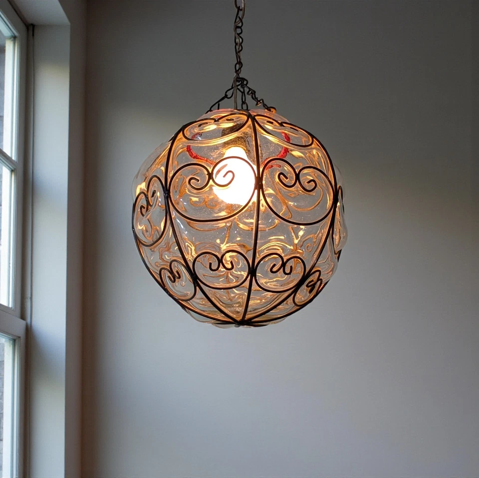 B99 Mouth-Blown Clear Glass Ball Pendant with Wrought-Iron Frame Hanging Lamp - Image 1 of 3