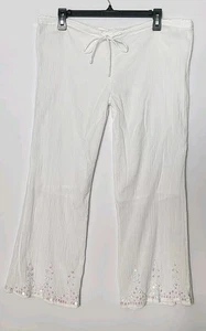 Voice White Cotton Wide-Leg Capri Pants Size L Embellished Hem Beach Resort Wear - Picture 1 of 11