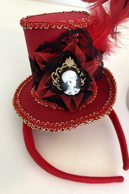 Gothic Mini Top Hat Headband Red/Black Skull Feathers Costume Accessory - Image 1 of 4