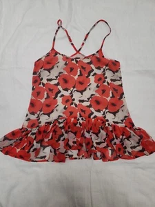 DKNY Red Beige Black Floral Ruffle Cami Top Xs - Picture 1 of 5