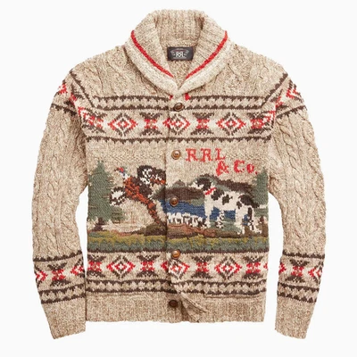 RRL Ralph Lauren Hand Knit Cable Hunting Pattern Wool Linen Blend Cardigan-MEN-L - Image 1 of 4
