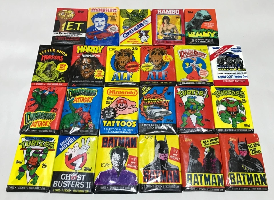 Lote de 23 películas no deportivas de la década de 1980, paquetes de cera para programas de televisión, Regreso al futuro, E.T, Rambo+ Foto 1 de 1