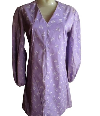 Vestido pequeño vintage para mujer Cottage Core estampado mariposa lila hecho a mano años 70 Foto 1 de 4