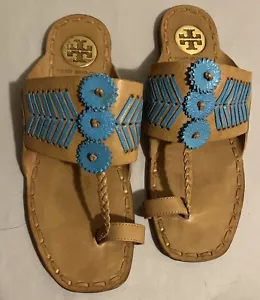 Tory Burch All Leather Square Toe Slide On EUC Sz 6 Toe Ring Southwest Turquoise - Picture 1 of 7