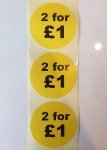 Werbeetiketten, Promo-Etiketten 2 für 1 £ Gelb & Schwarz 48 mm, Rolle 500 Etiketten - Bild 1 von 2