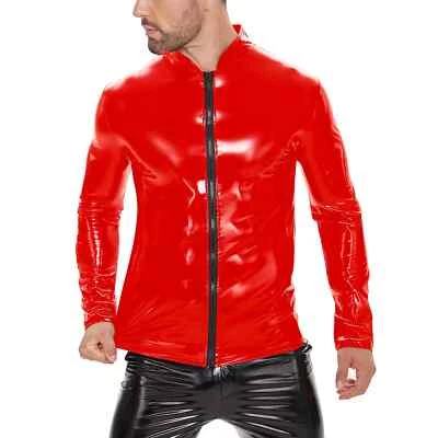 Spring Men Shiny Leather Shirt Long Sleeve Full Zipper Wetlook Leather - Image 1 of 4