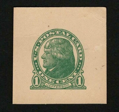 US 1914 #UX27 Green 1c Jefferson Postal Card Cut Square Unused - Image 1 of 2