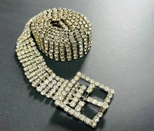 Vintage Rhinestone Belt Clear Waist Silver Tone Metal Womens Small Bling Retro - Picture 1 of 13