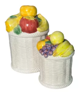 VTG Fitz and Floyd Calypso Cookie Jars Canisters Set Basket Weave Fruit - Picture 1 of 19