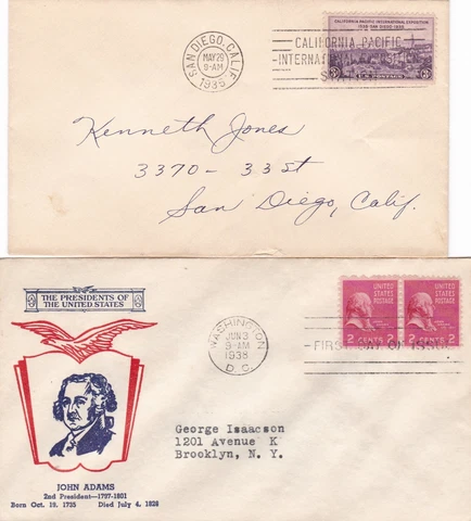 1938 FDC US Stamp #806 2c Adams, 1935 Cover California Pacific Internat'l Expo Cover