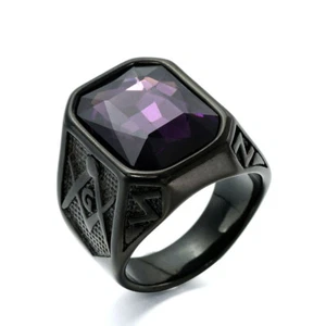 Vintage Purple Stone Masonic Wedding Ring Stainless Steel Black Freemason Ring - Picture 1 of 3