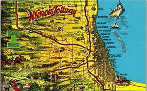 Mapa de carretera de peaje de peaje de Illinois IL de colección que sirve a Chicago ~ postal de Fred Harvey - Imagen 1 de 3