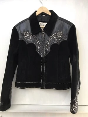 Chaqueta Cripple Creek Cuero Negro Western Plata Tachonada Cremallera Completa Talla Mediana Foto 1 de 4