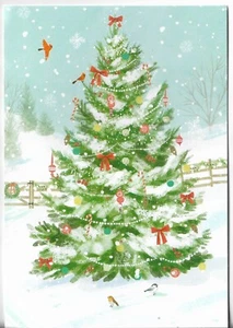 NEW LEANIN' TREE Christmas Card 4.75x6.75 Decorated Xmas Tree and Red Birds - Picture 1 of 3