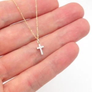 14K SOLID YELLOW GOLD TINY NATURAL DIAMOND CROSS DAINTY PENDANT NECKLACE MINI - Picture 1 of 11
