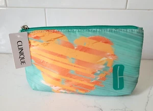 Clinique Cosmetic Bag Travel Makeup Zipper Green Orange Heart New Tags - Picture 1 of 7