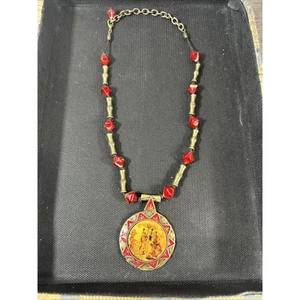 Chicos Enamel Japanese Oriental Pendant Necklace Red Glass Metal Bamboo Bead - Picture 1 of 6