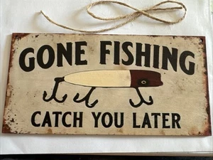 WOODEN HANGING SIGN FISHING, GONE FISHING SIGN FATHERS PRESENT GIFT FISHING - Picture 1 of 2