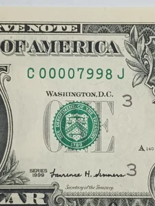 1999 $1 C PHILADELPHIA BEP C-J BLOCK LOW SERIAL NUMBER 4 ZEROS(C00007998J)CRISP  - Picture 1 of 1